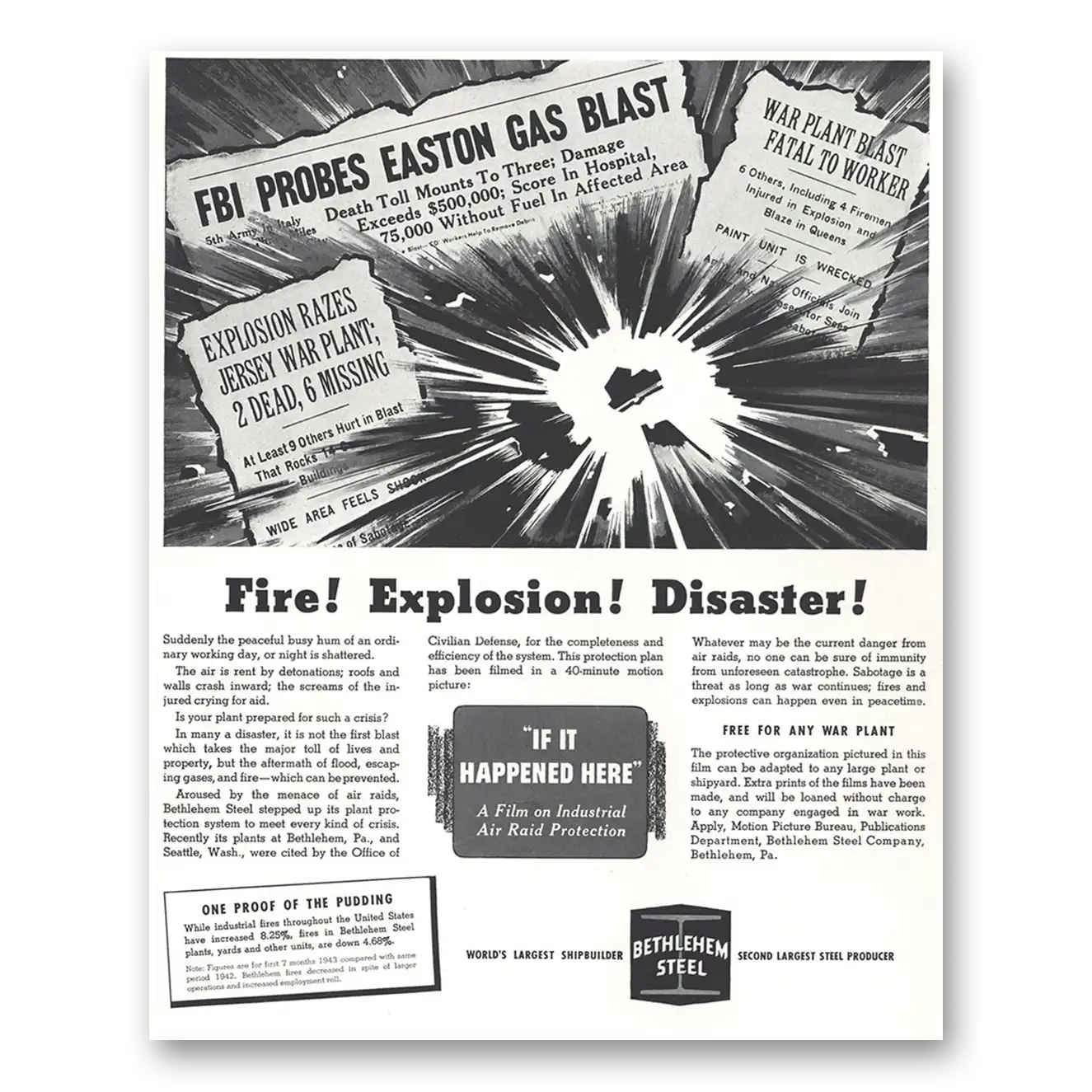 1944 Bethlehem Steel Fire Explosion Disaster Vintage Magazine Print Ad