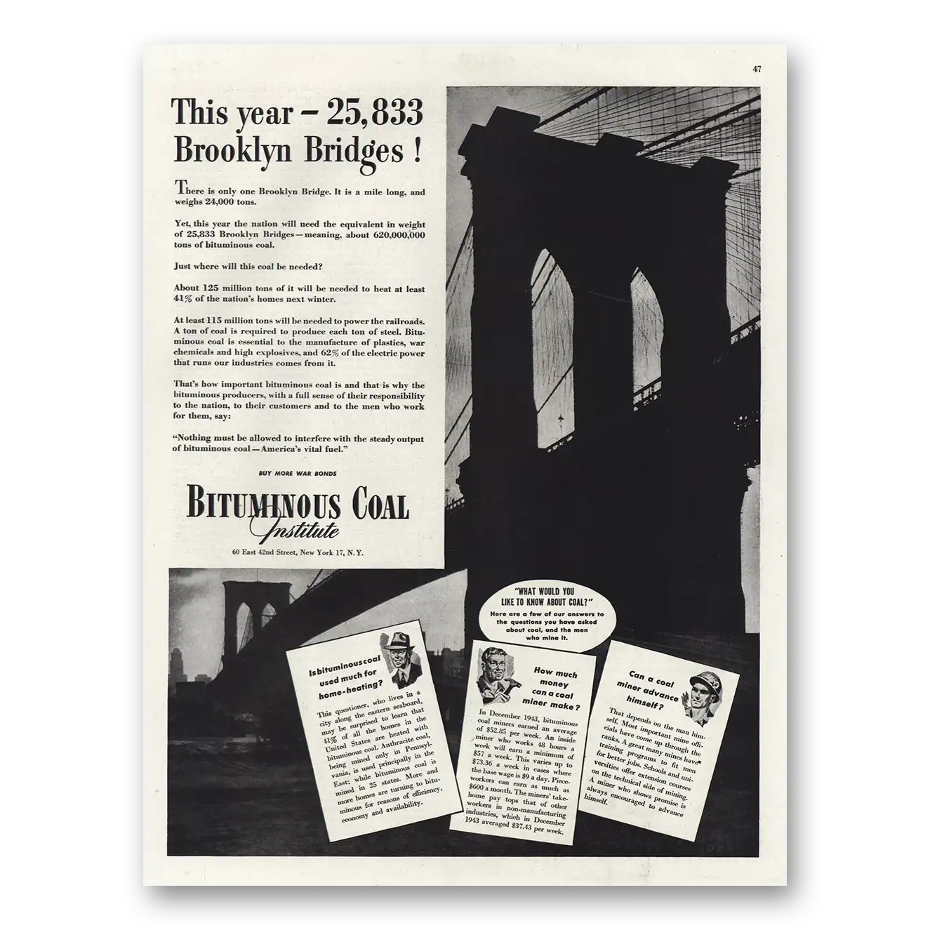 1944 Bituminous Coal Brooklyn Bridges Vintage Magazine Print Ad