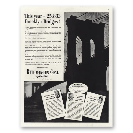 1944 Bituminous Coal Brooklyn Bridges Vintage Magazine Print Ad