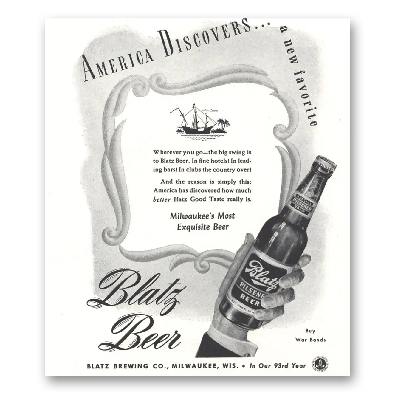 1944 Blatz Beer America Discovers Vintage Magazine Print Ad