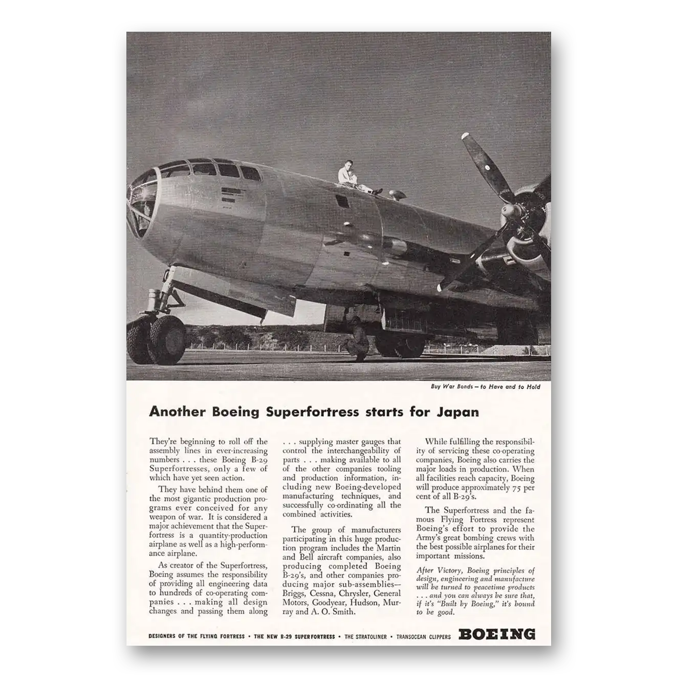 1944 Boeing Superfortress Boeing Superfortress Starts for Japan Vintage Magazine Print Ad