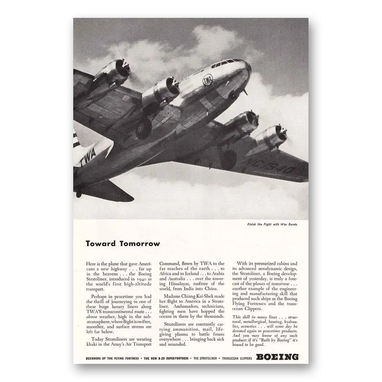 1944 Boeing Stratoliner Toward Tomorrow Vintage Magazine Print Ad