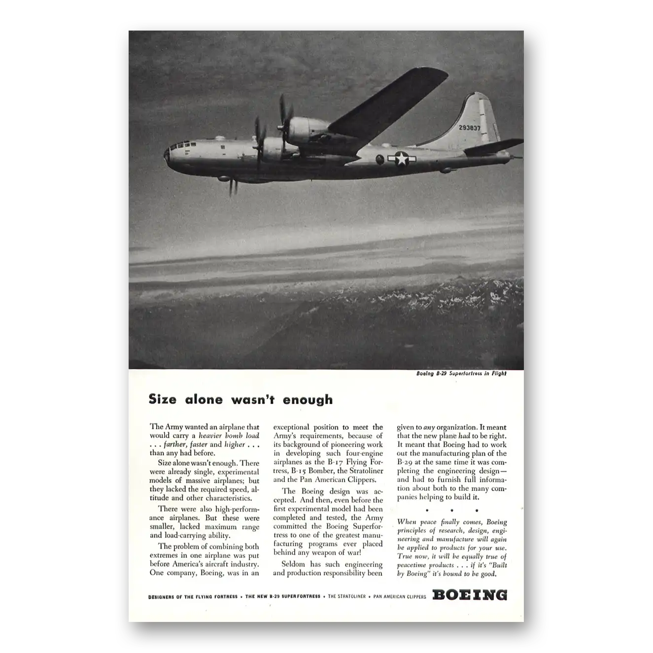 1944 Boeing Superfortress Size Alone Wasn't Enough Vintage Magazine Print Ad