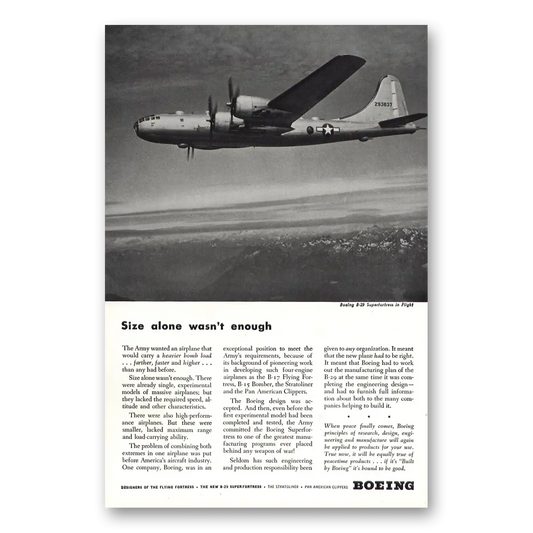 1944 Boeing Superfortress Size Alone Wasn't Enough Vintage Magazine Print Ad