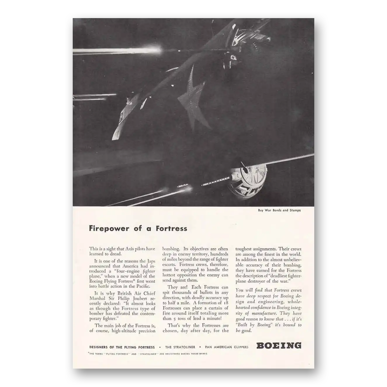 1944 Boeing Flying Fortress Firepower of Fortress Vintage Magazine Print Ad