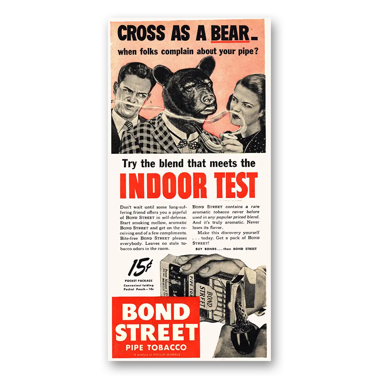 1944 Bond Street Tobacco Cross As a Bear Vintage Magazine Print Ad