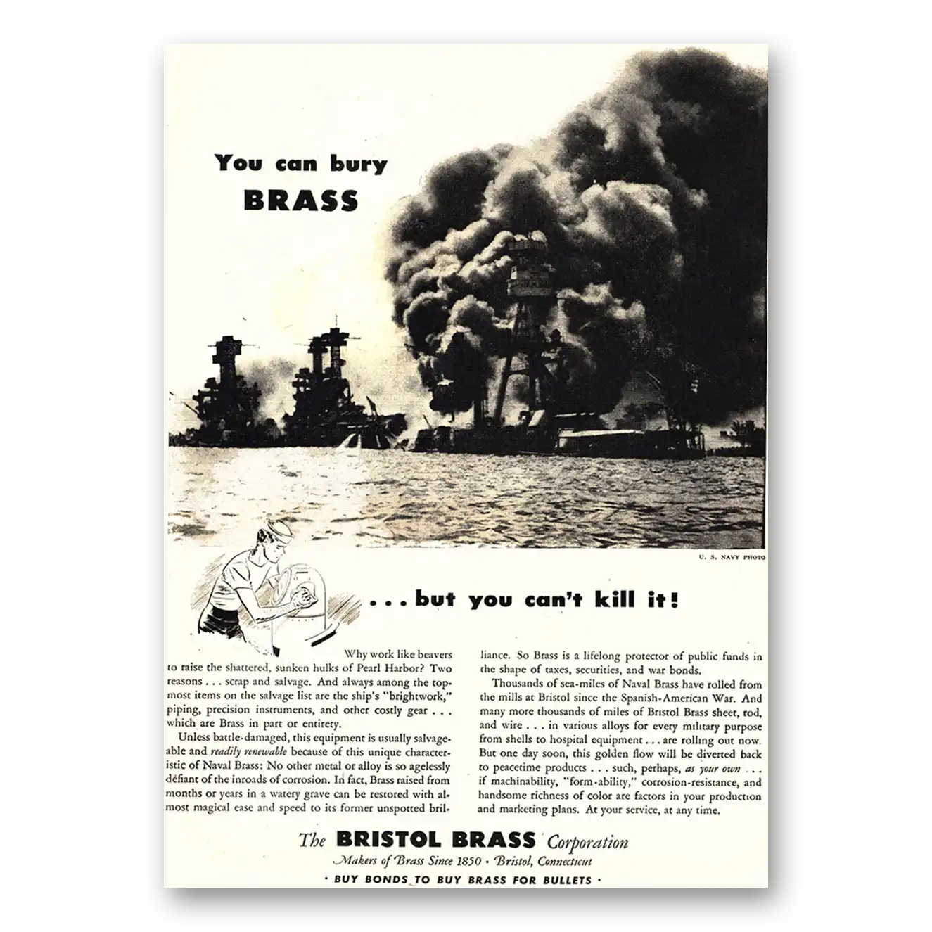 1944 Bristol Brass You Can Bury Brass Vintage Magazine Print Ad