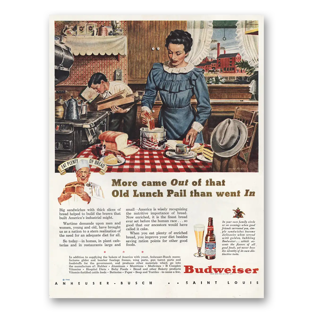 1944 Budweiser Beer More Came Out of Old Lunch Pail Vintage Magazine Print Ad