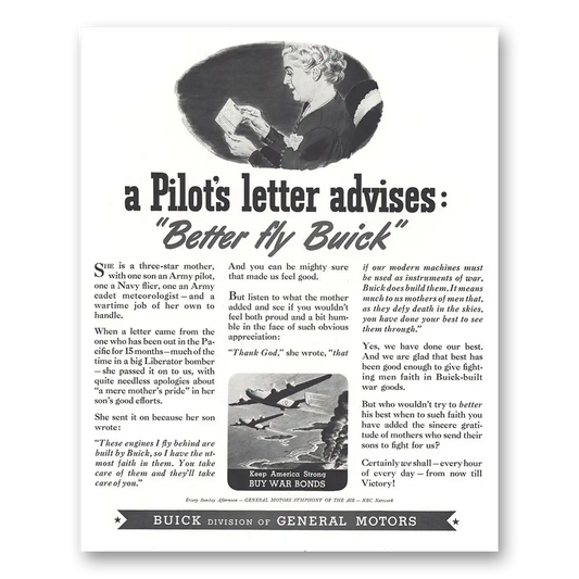 1944 Buick Aviation Pilots Letter Advises Better Fly Buick Vintage Magazine Print Ad