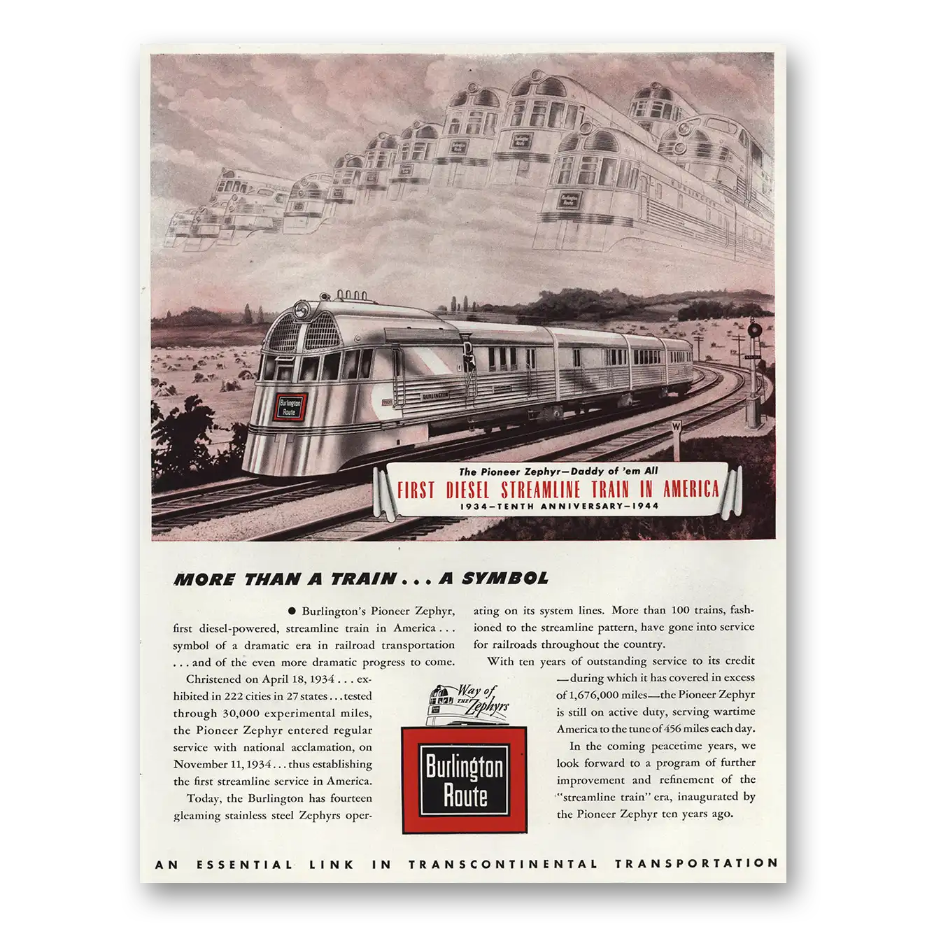 1944 Burlington Route First Diesel Streamline Train In America Vintage Magazine Print Ad