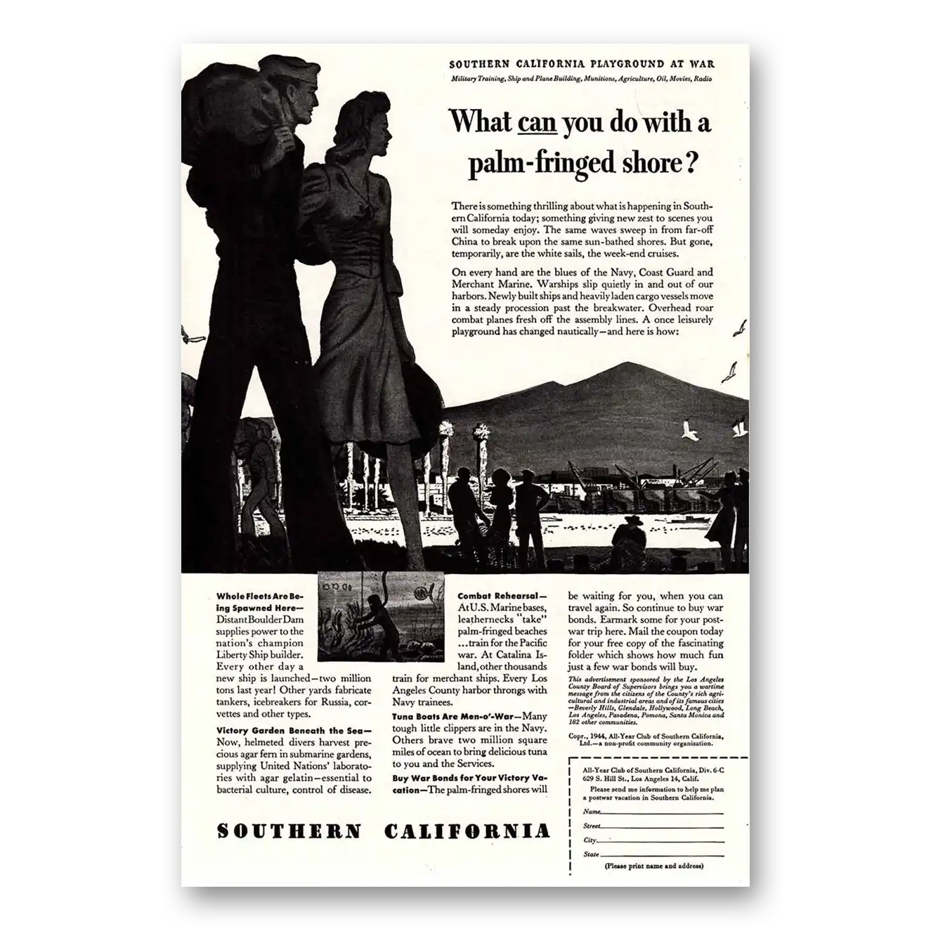 1944 Southern California Palm Fringed Shore Vintage Magazine Print Ad