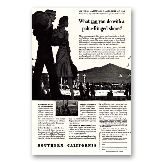 1944 Southern California Palm Fringed Shore Vintage Magazine Print Ad