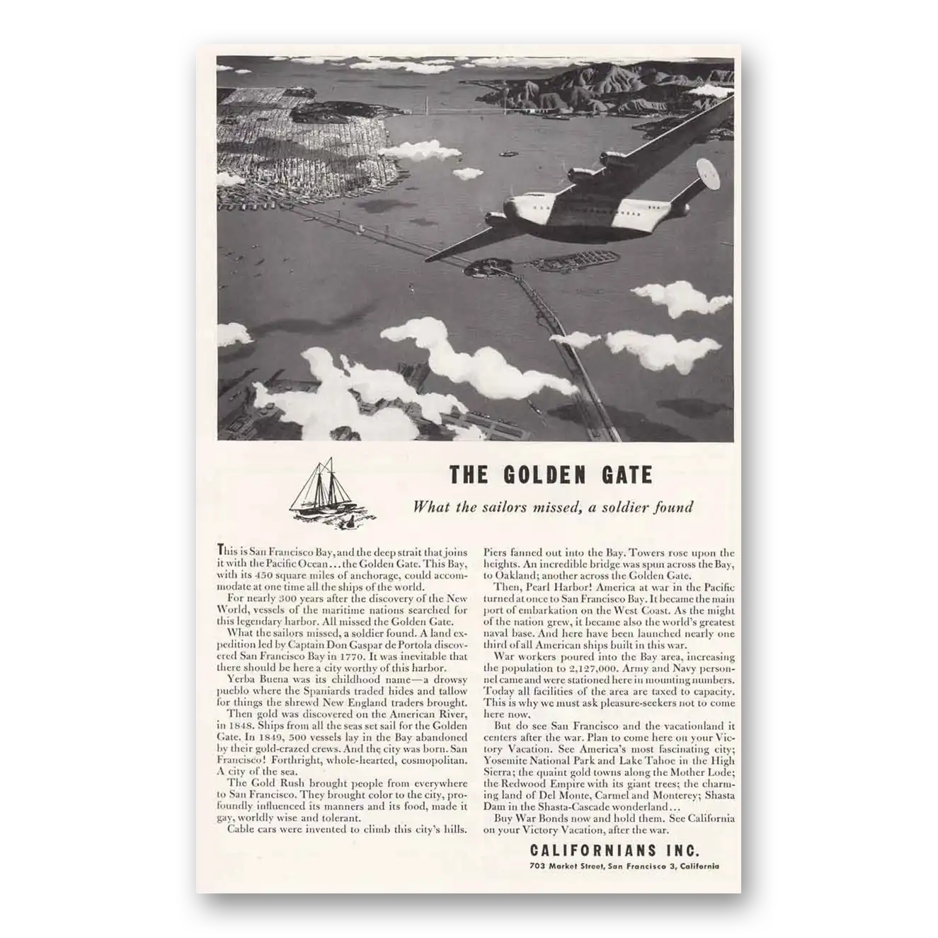 1944 California Golden Gate What the Sailors Missed Vintage Magazine Print Ad