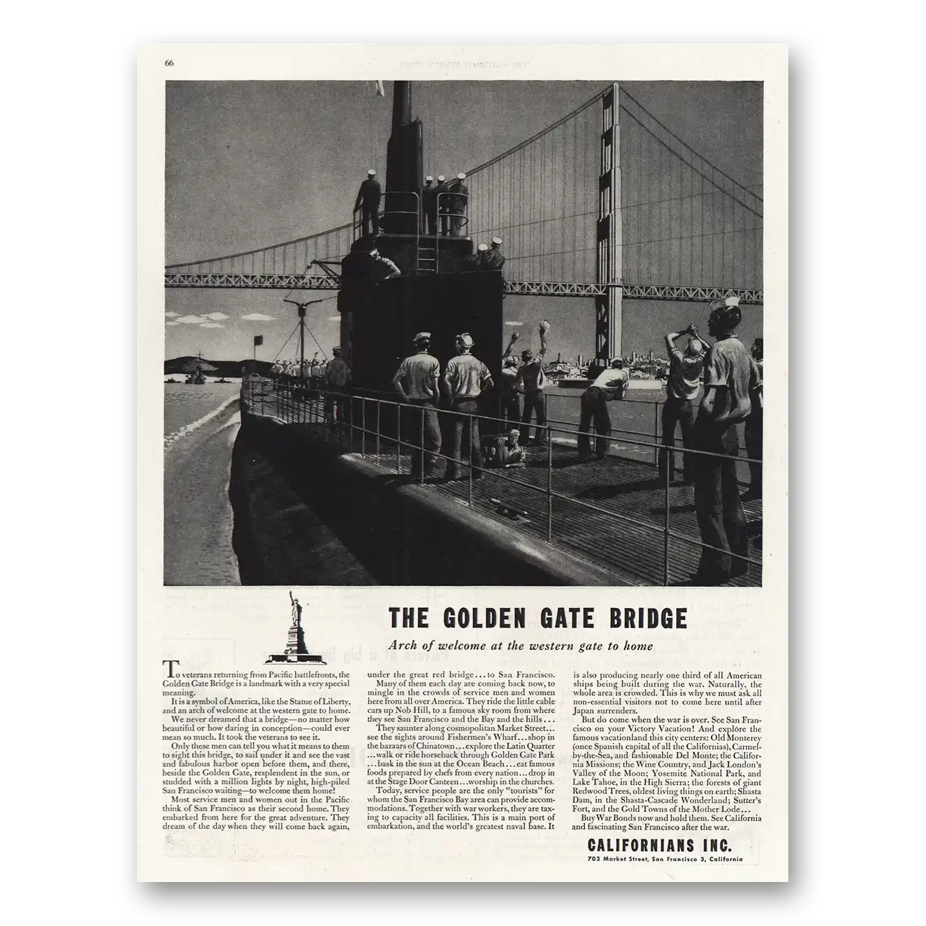 1944 Californians Golden Gate Bridge Vintage Magazine Print Ad