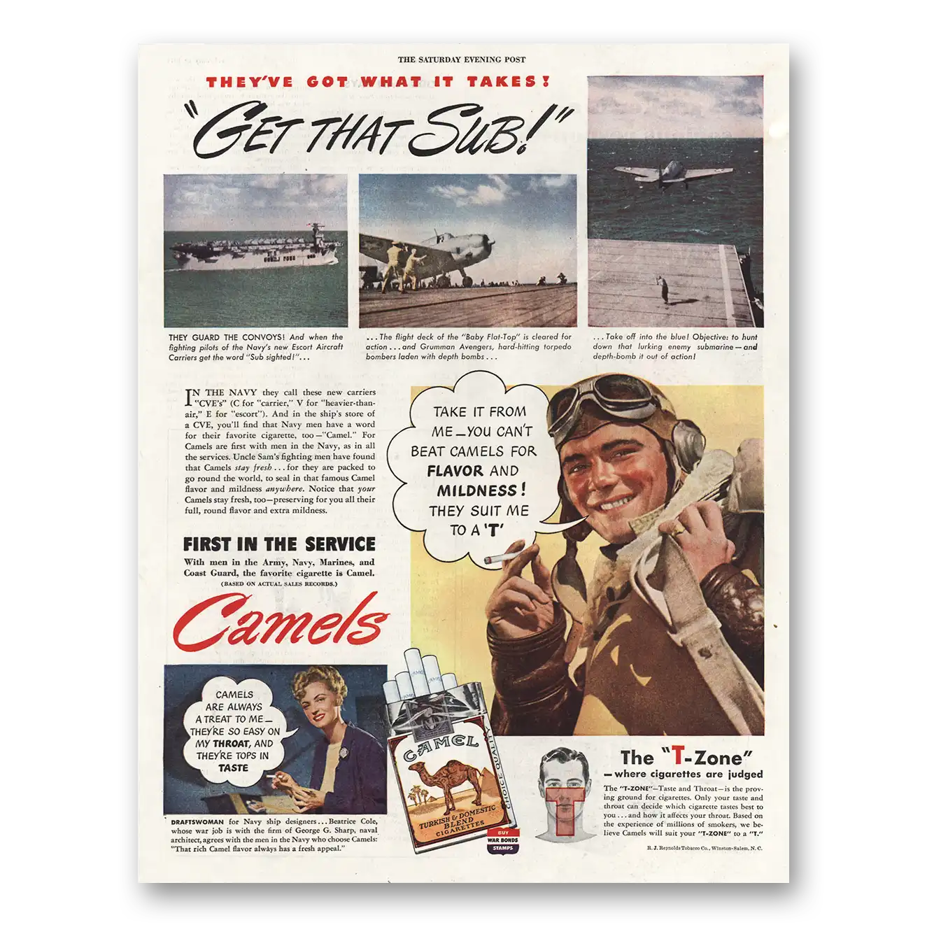 1944 Camel Cigarettes Get That Sub Vintage Magazine Print Ad