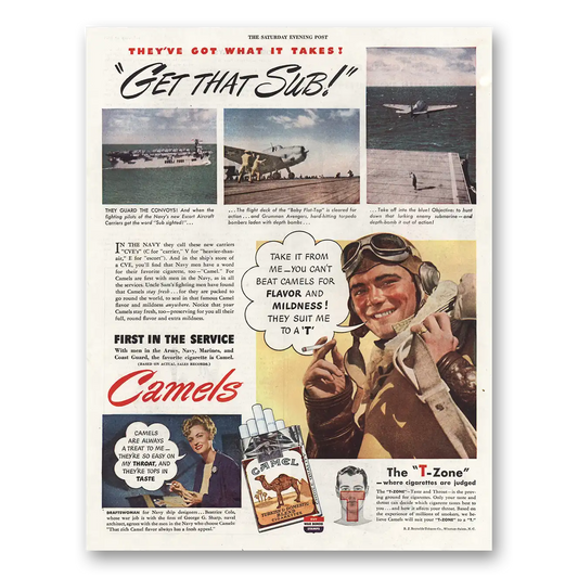 1944 Camel Cigarettes Get That Sub Vintage Magazine Print Ad