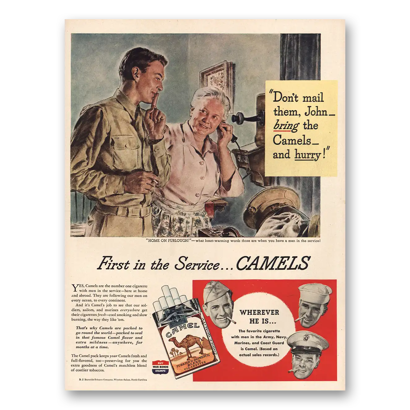 1944 Camel Cigarettes Don’t Mail Them John Vintage Magazine Print Ad