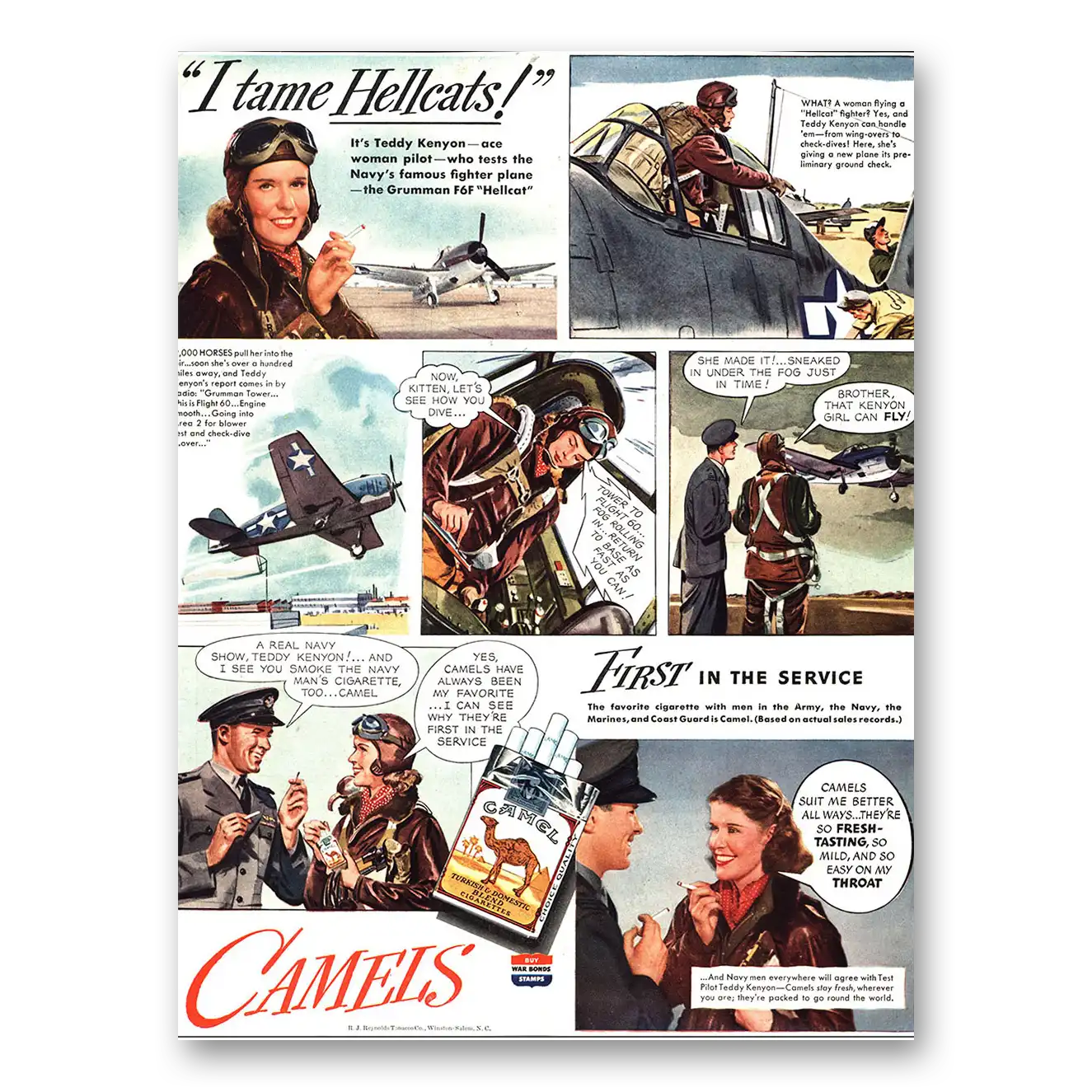 1944 Camel Cigarettes I Tame Hellcats Vintage Magazine Print Ad