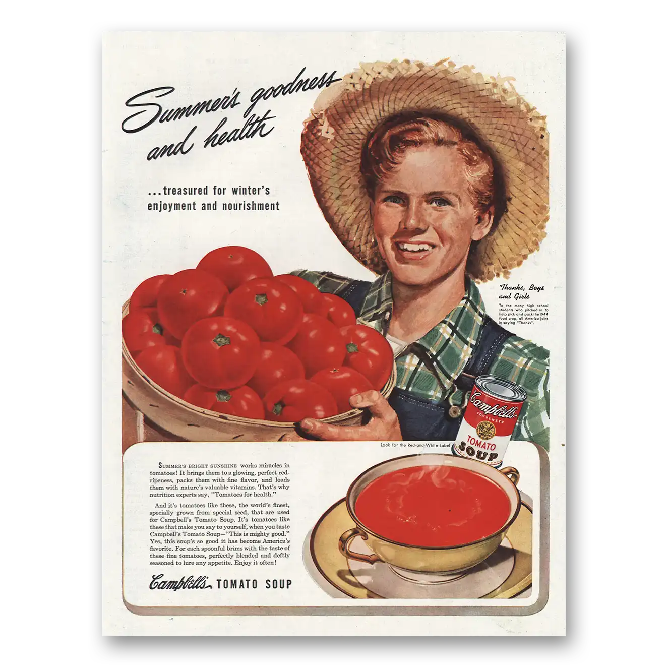 1944 Campbells Tomato Soup Summers Goodness and Health Vintage Magazine Print Ad