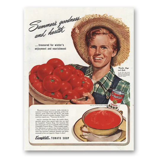 1944 Campbells Tomato Soup Summers Goodness and Health Vintage Magazine Print Ad