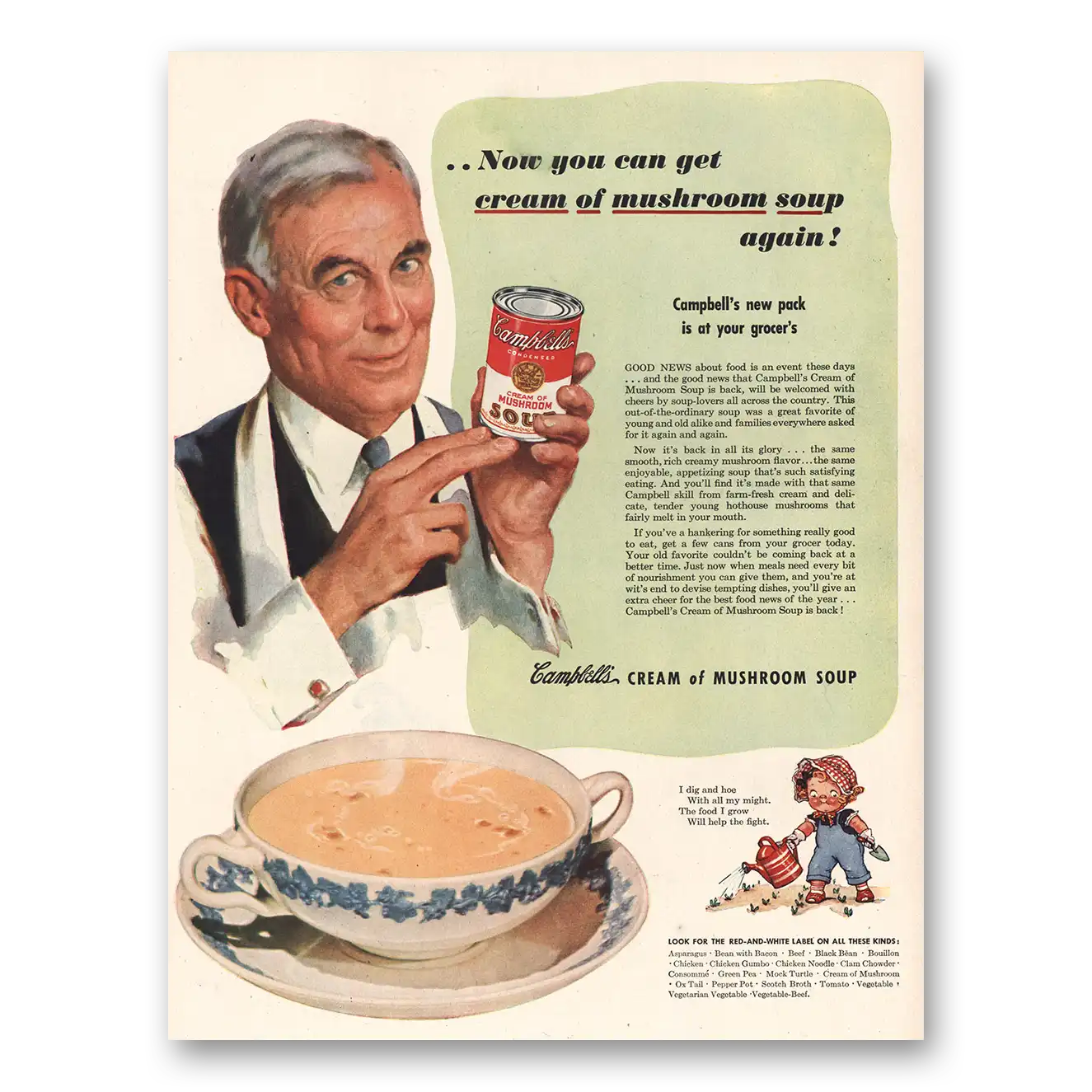 1944 Campbells Cream of Mushroom Soup You Can Get Vintage Magazine Print Ad