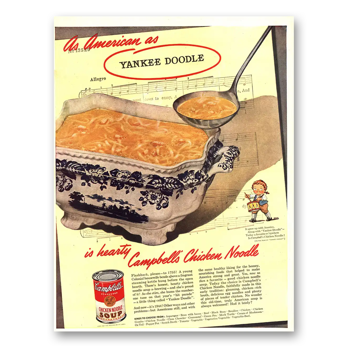 1944 Campbells Chicken Noodle Soup As American as Yankee Doodle Vintage Magazine Print Ad