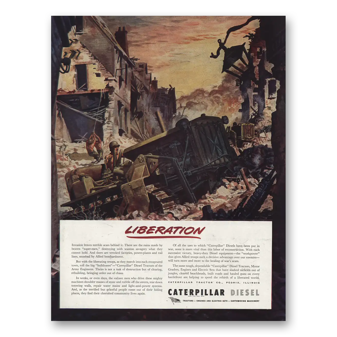 1944 Caterpillar Diesel Liberation Vintage Magazine Print Ad