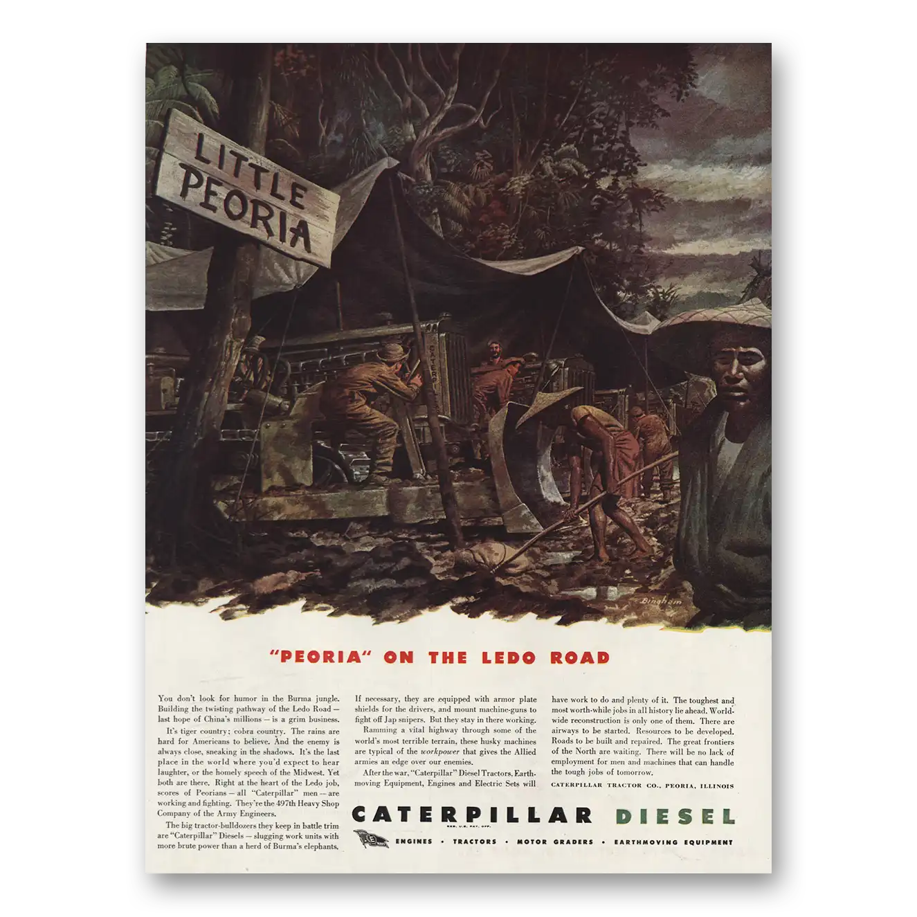 1944 Caterpillar Diesel Little Peoria On the Ledo Road Vintage Magazine Print Ad