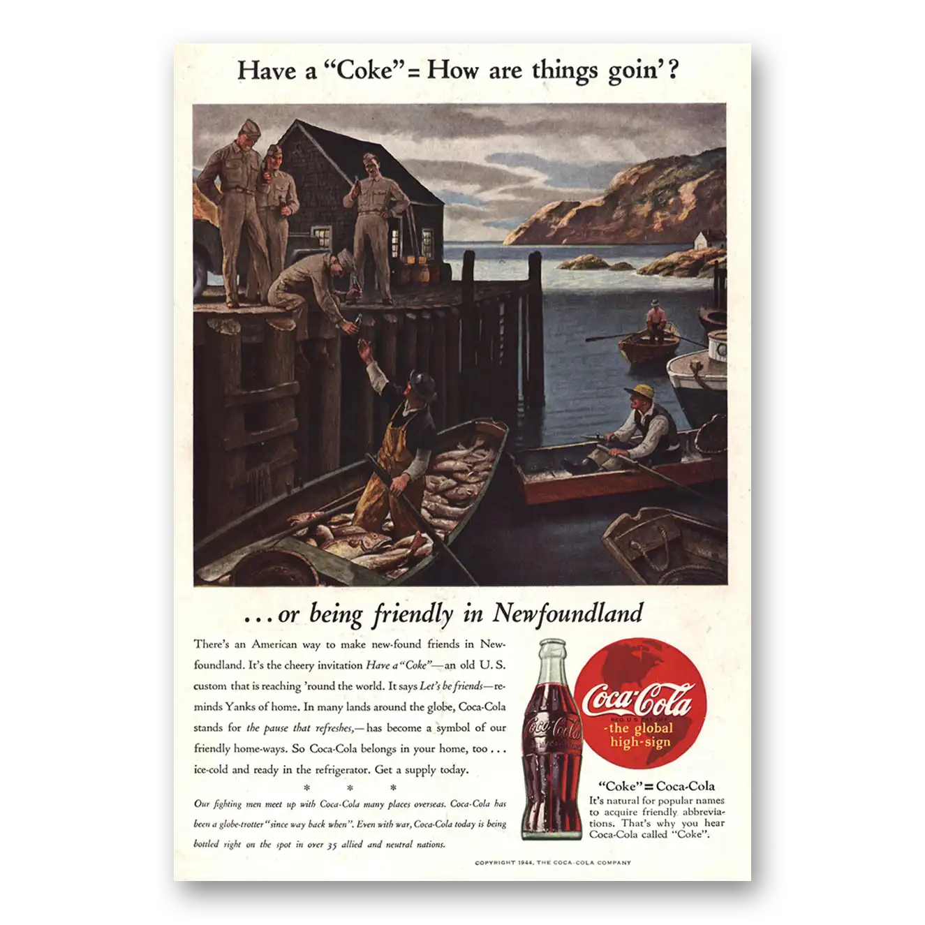 1944 Coca Cola Being Friendly in Newfoundland Vintage Magazine Print Ad