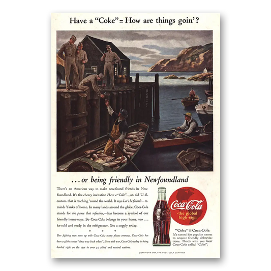 1944 Coca Cola Being Friendly in Newfoundland Vintage Magazine Print Ad