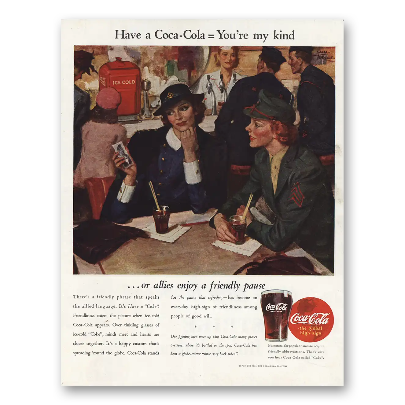 1944 Coca Cola Allies Enjoy a Friendly Pause Vintage Magazine Print Ad