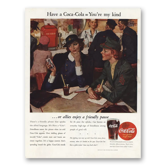 1944 Coca Cola Allies Enjoy a Friendly Pause Vintage Magazine Print Ad