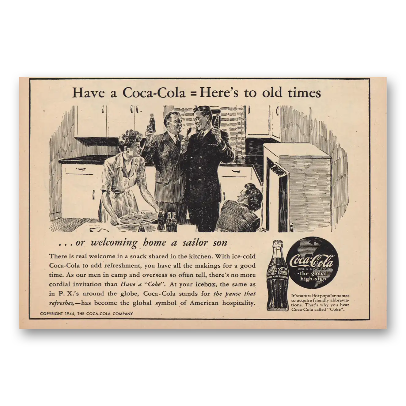 1944 Coca Cola Welcome Home Sailor Son Vintage Magazine Print Ad