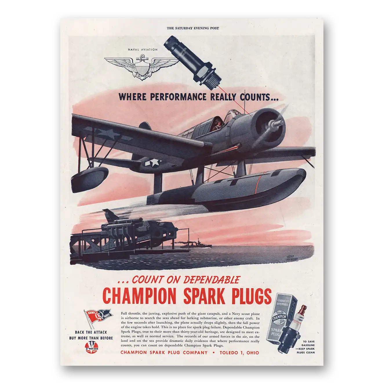 1944 Champion Spark Plugs Navy Scout Plane Vintage Magazine Print Ad