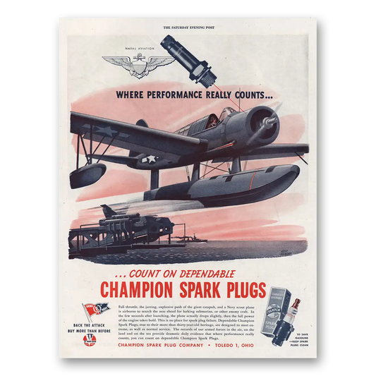 1944 Champion Spark Plugs Navy Scout Plane Vintage Magazine Print Ad