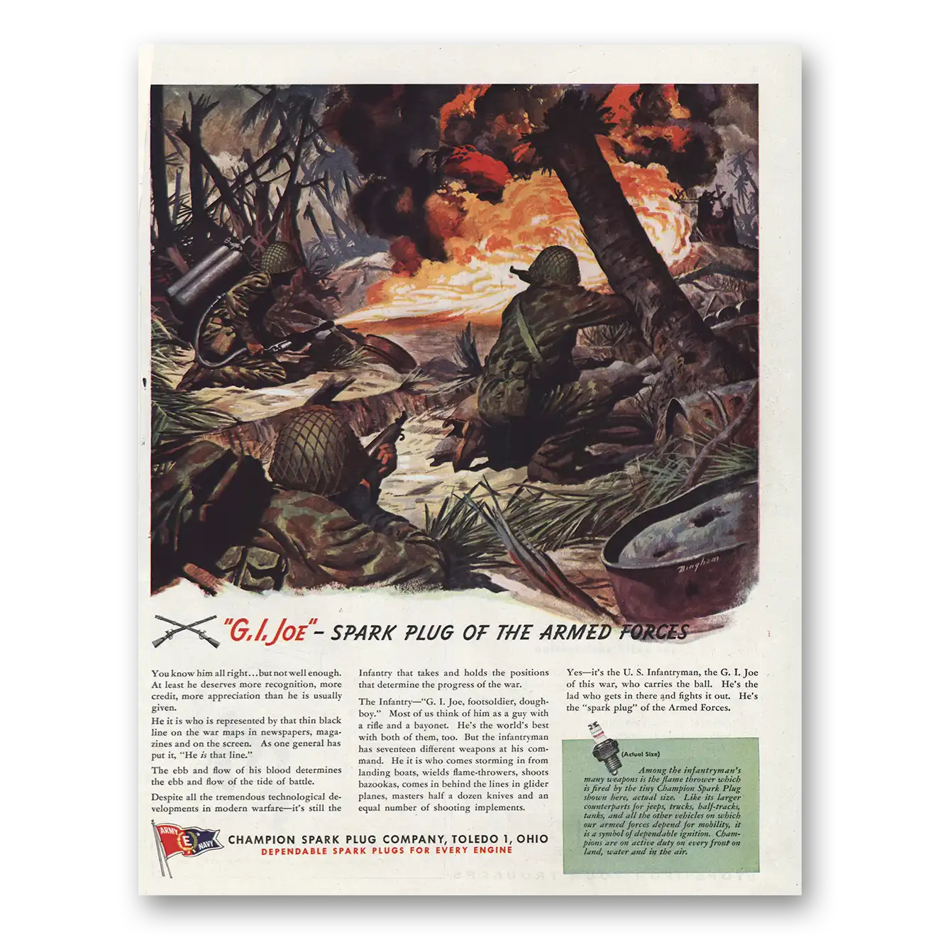 1944 Champion Spark Plugs GI Joe Spark Plug Armed Forces Vintage Magazine Print Ad