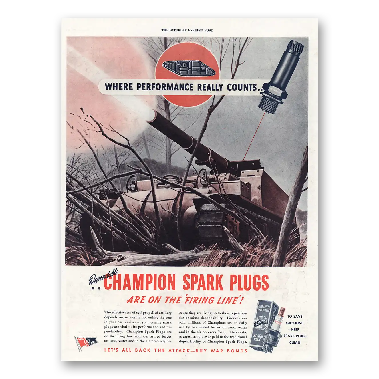 1944 Champion Spark Plugs On the Firing Line Vintage Magazine Print Ad