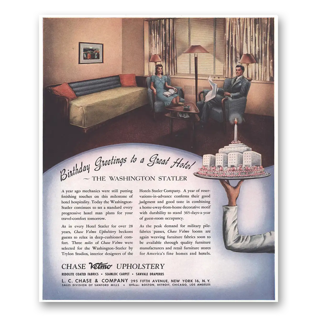 1944 Chase Velmo Upholstery Birthday Greetings Hotel Washington Statler Vintage Magazine Print Ad