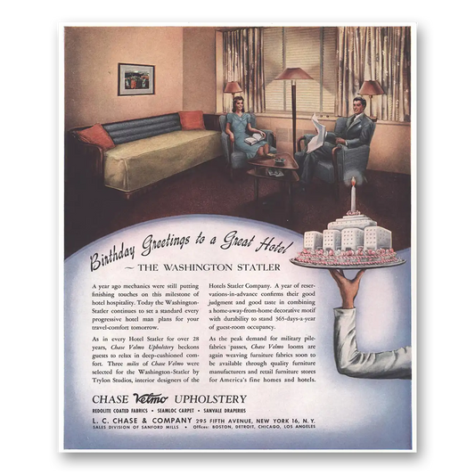 1944 Chase Velmo Upholstery Birthday Greetings Hotel Washington Statler Vintage Magazine Print Ad