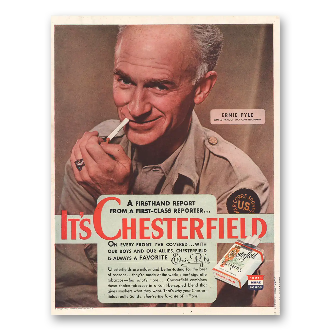 1944 Chesterfield Cigarettes Ernie Pyle Vintage Magazine Print Ad