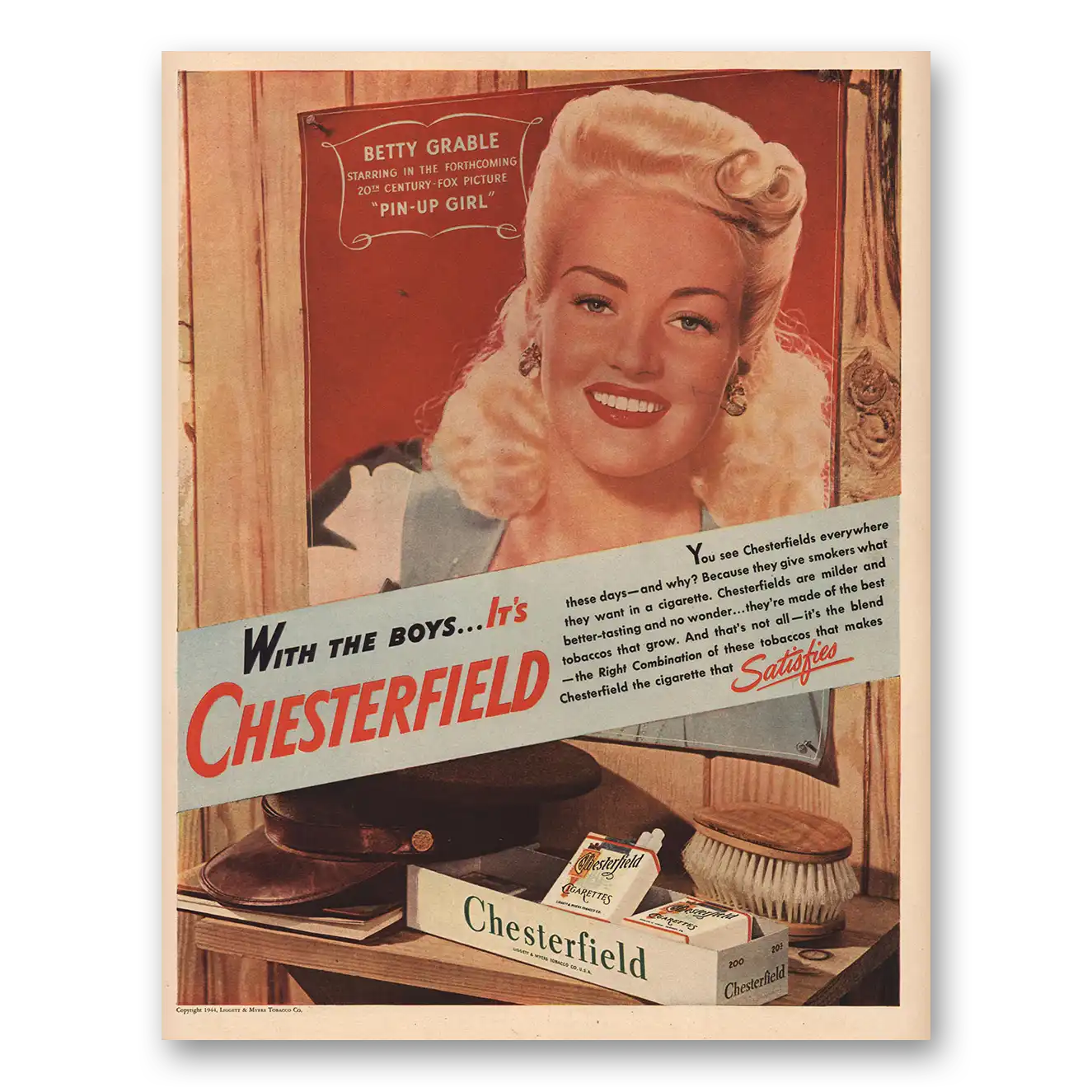 1944 Chesterfield Cigarettes Betty Grable Vintage Magazine Print Ad