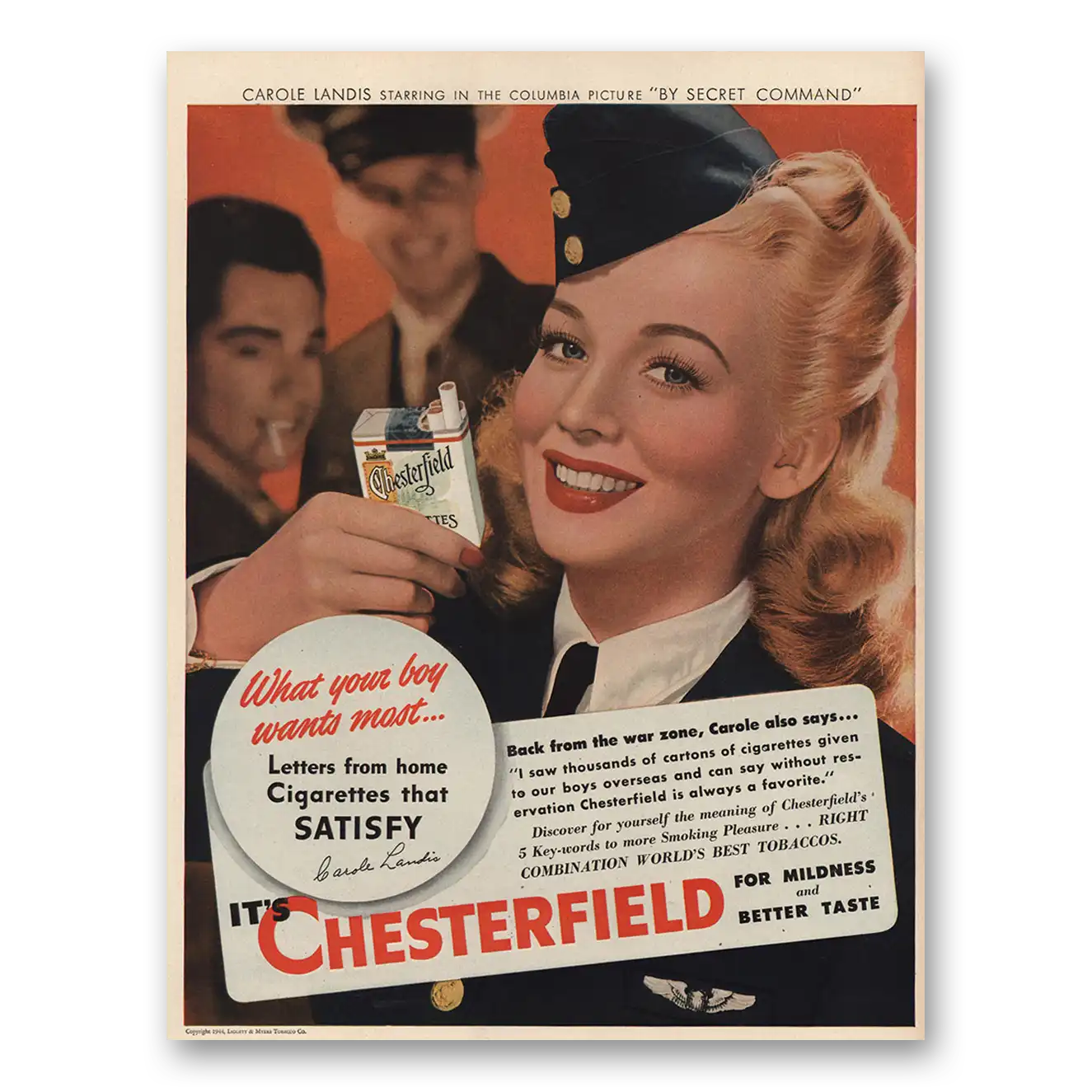 1944 Chesterfield Cigarettes What Your Boy Wants Most Vintage Magazine Print Ad