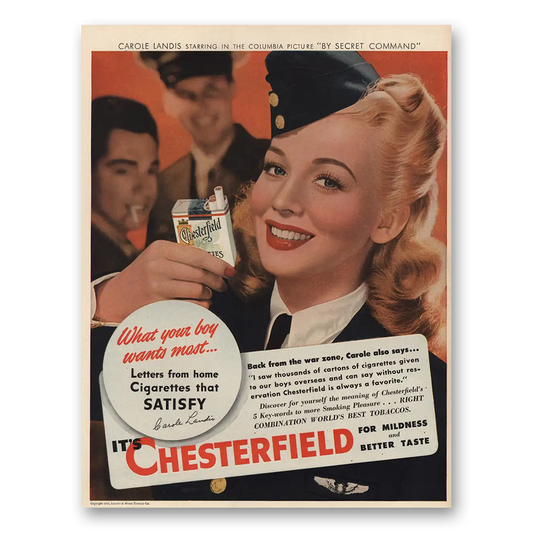 1944 Chesterfield Cigarettes What Your Boy Wants Most Vintage Magazine Print Ad