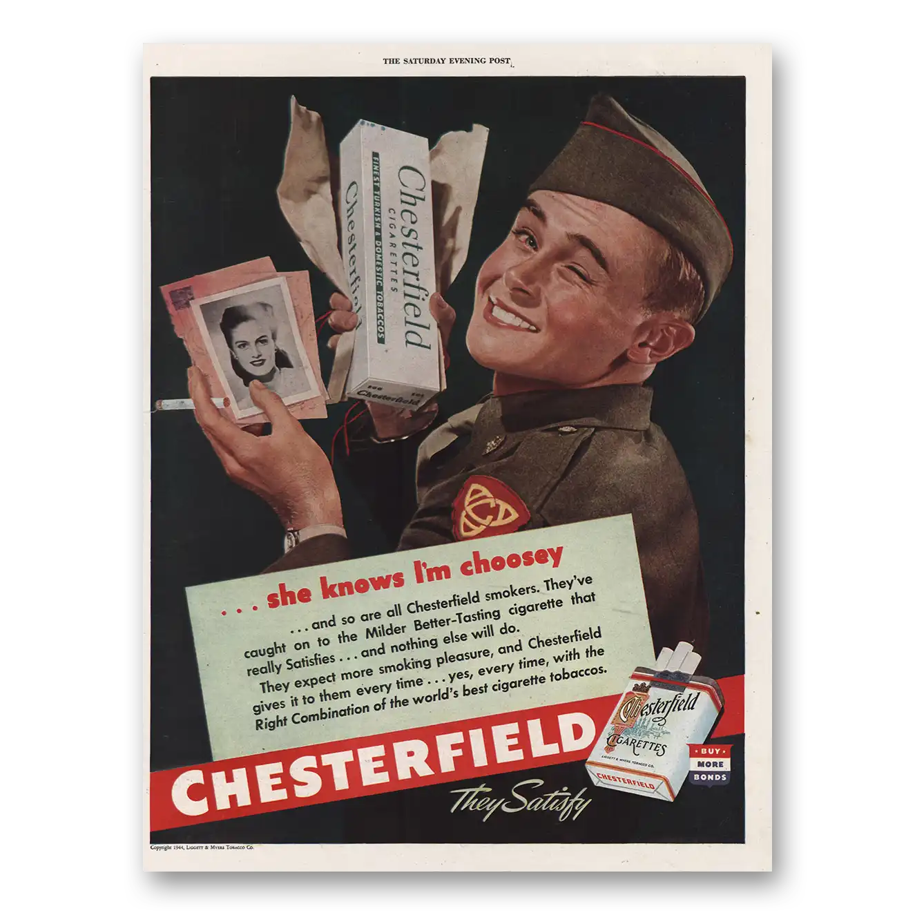 1944 Chesterfield Cigarettes She Knows Im Choosey Vintage Magazine Print Ad