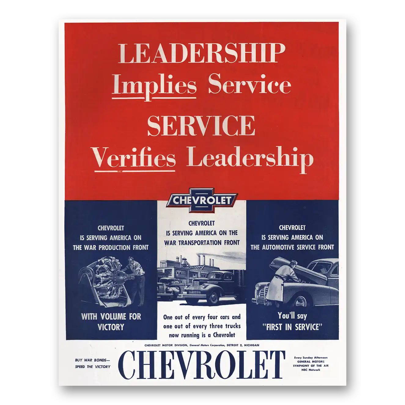 1944 Chevrolet Leadership Implies Service Vintage Magazine Print Ad