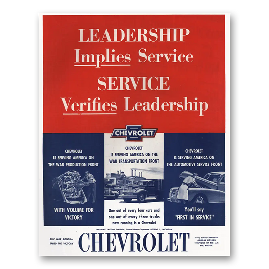 1944 Chevrolet Leadership Implies Service Vintage Magazine Print Ad