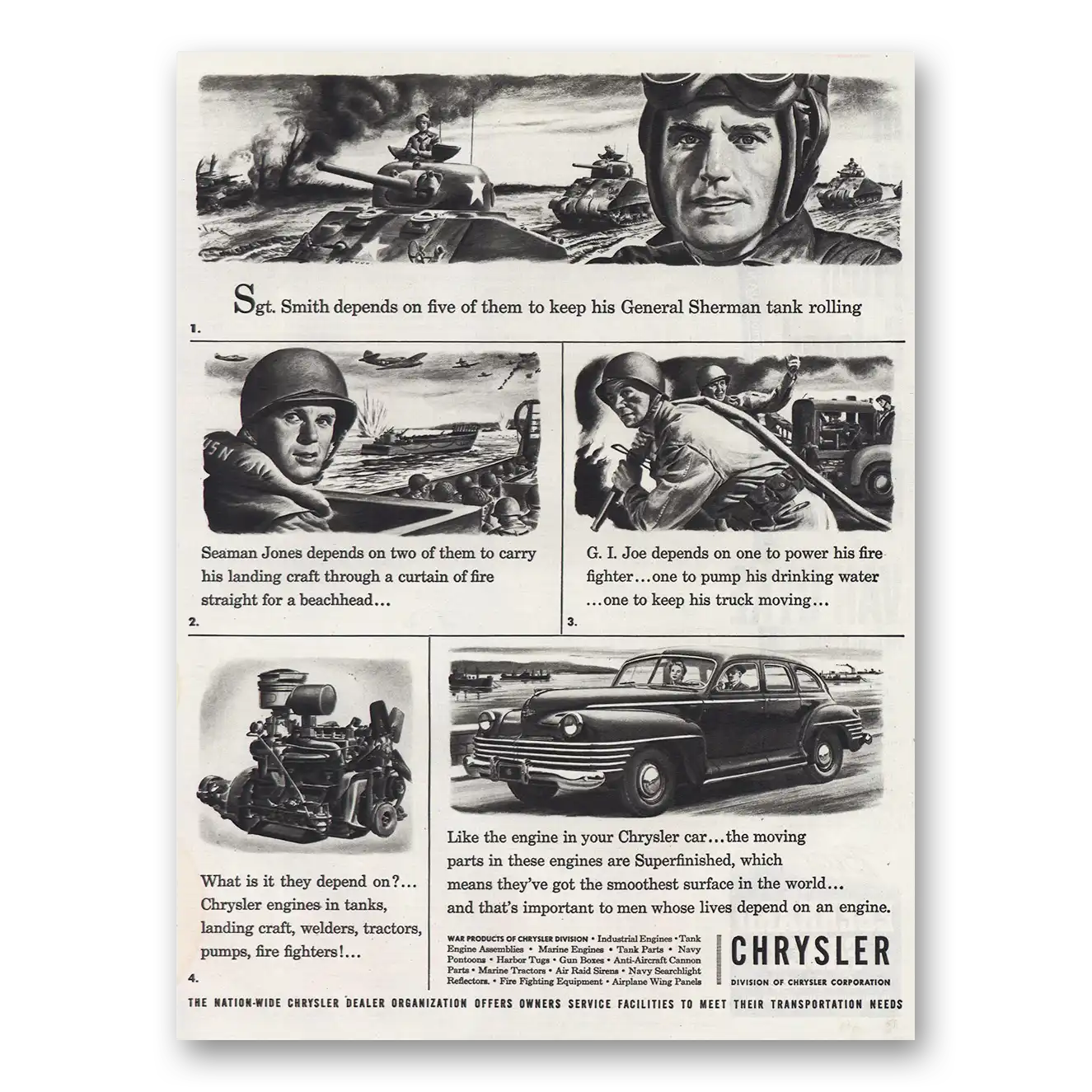 1944 Chrysler Sgt Smith Depends On Five General Sherman Tank Vintage Magazine Print Ad