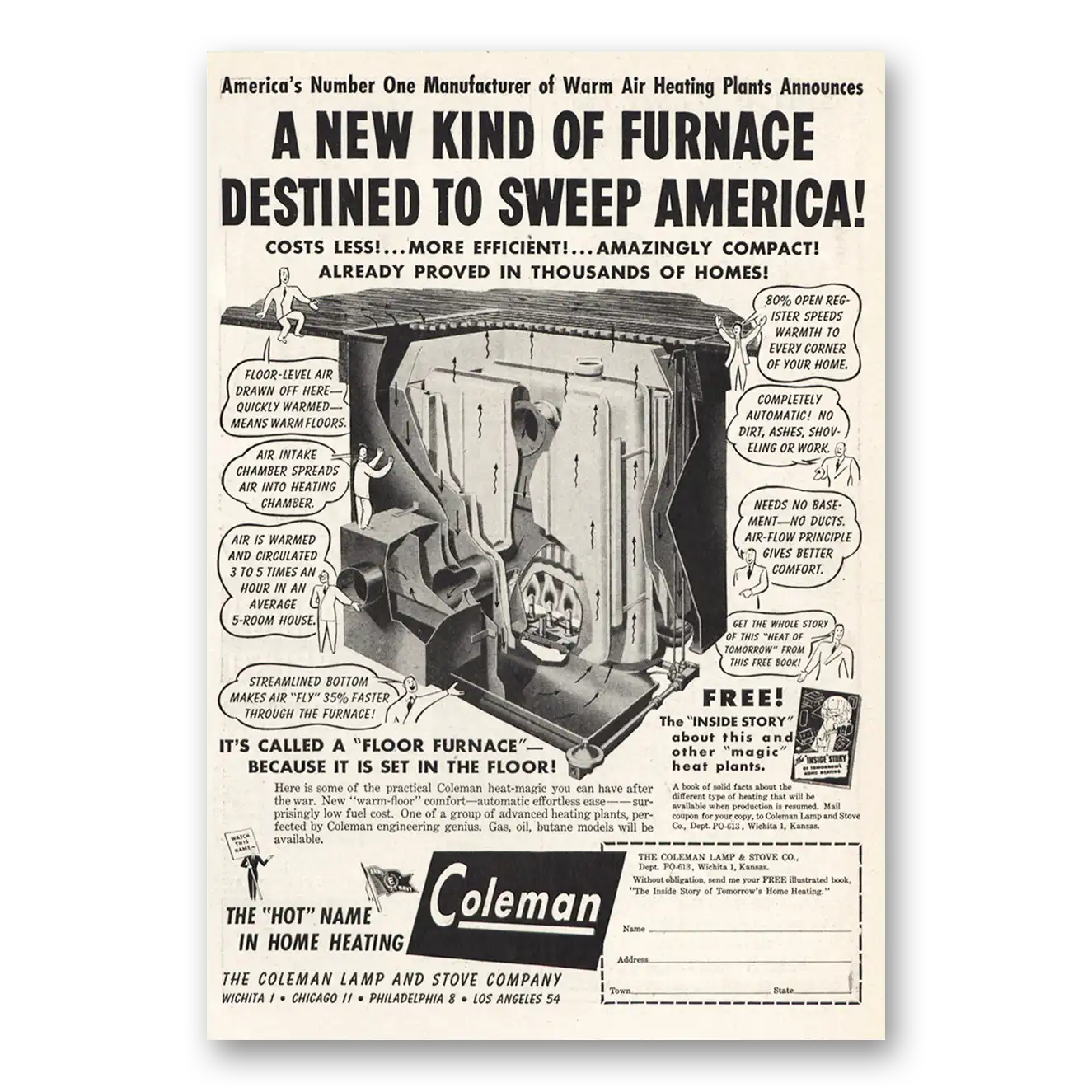 1944 Coleman Furnace New Kind of Furnace Vintage Magazine Print Ad