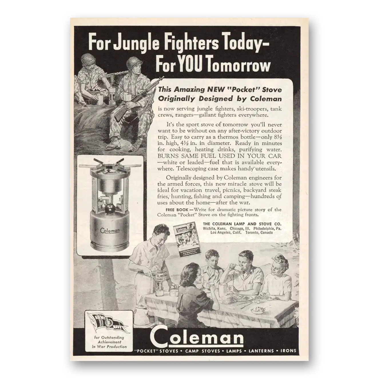 1944 Coleman Pocket Stove Jungle Fighters Vintage Magazine Print Ad