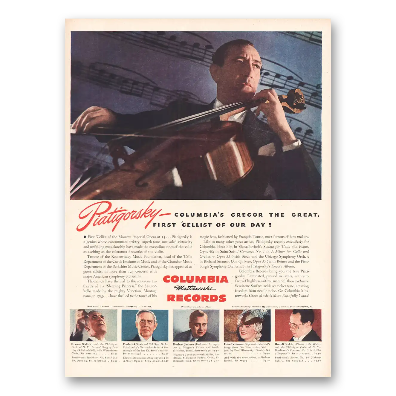 1944 Columbia Records Piatigorsky Gregor the Great Vintage Magazine Print Ad